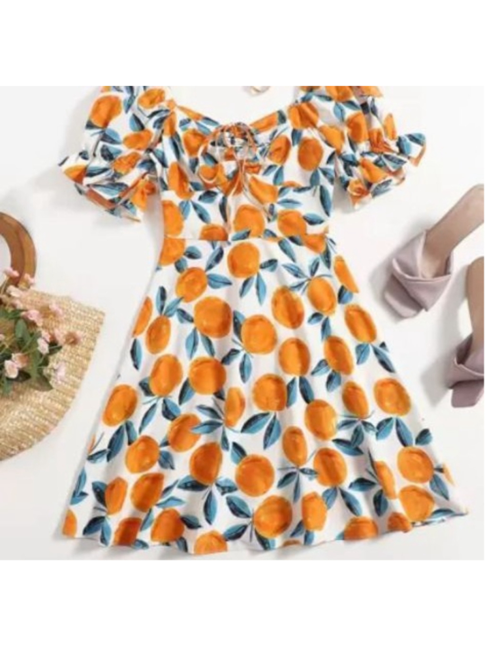 Women's Mediterranean Citrus White Orange Fruit Print Mini Dress S Coastal Vacay